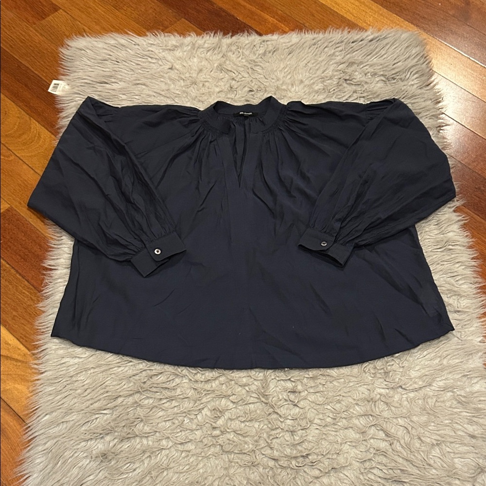 Madewell Navy Long Sleeve Cotton Blend Blouse‎
